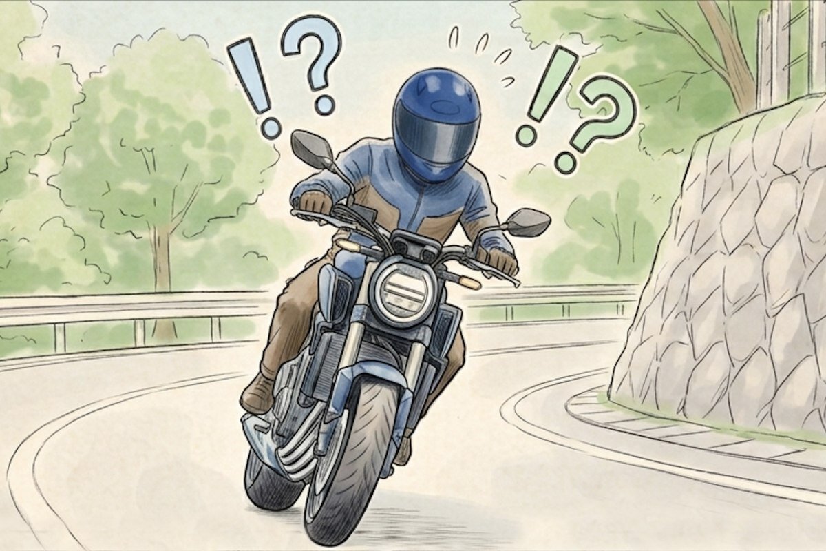 タイヤを温めないと滑るのか疑問に思うライダーのイラスト