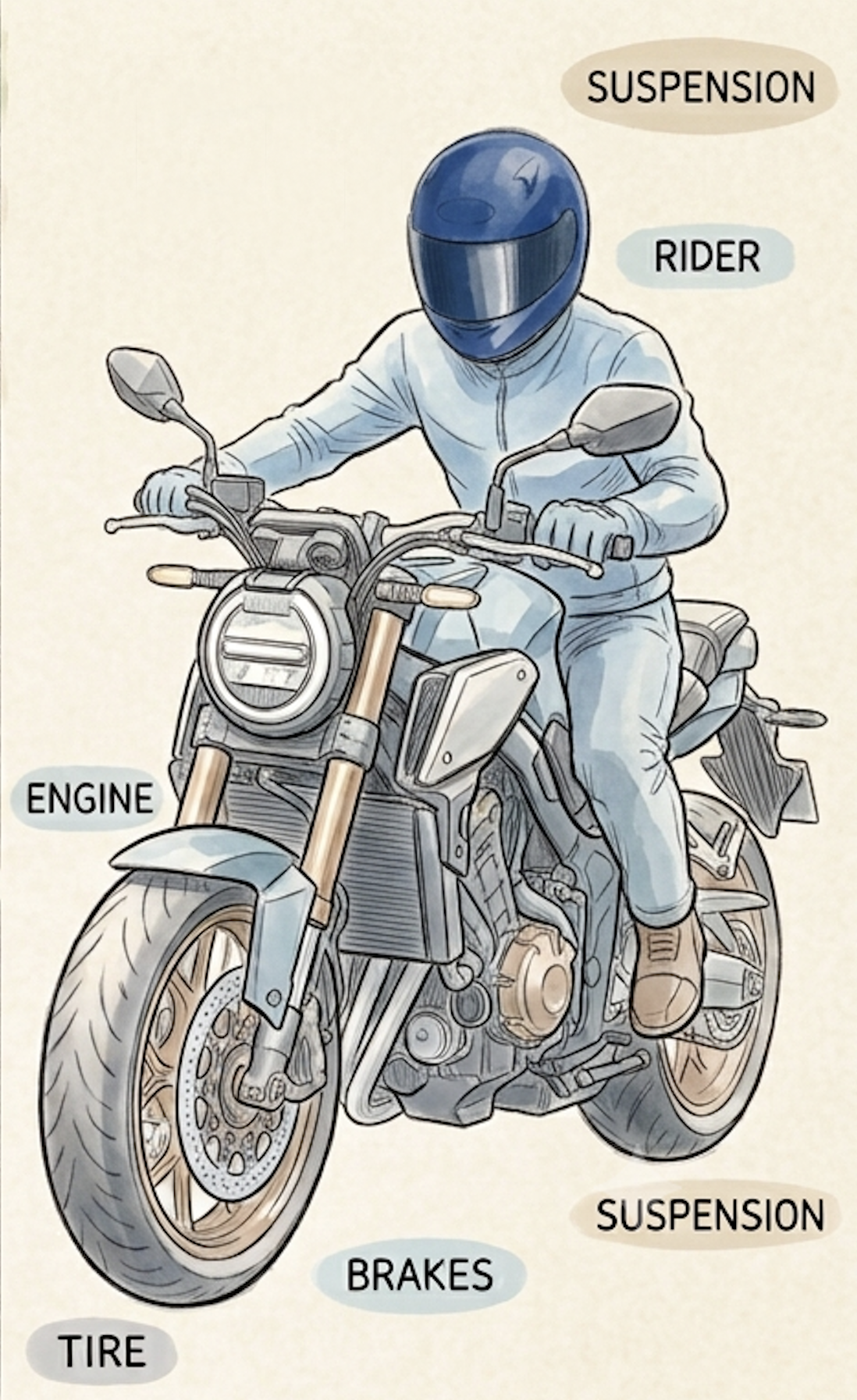 バイクとタイヤ、サスペンション、ブレーキ、ライダーのバランスを示したイラスト