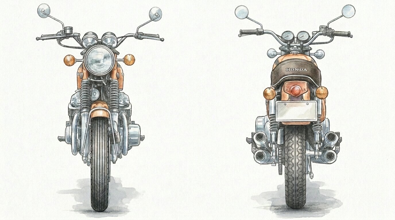 1980年代まで主流だった縦溝を持つバイアスタイヤのイラスト